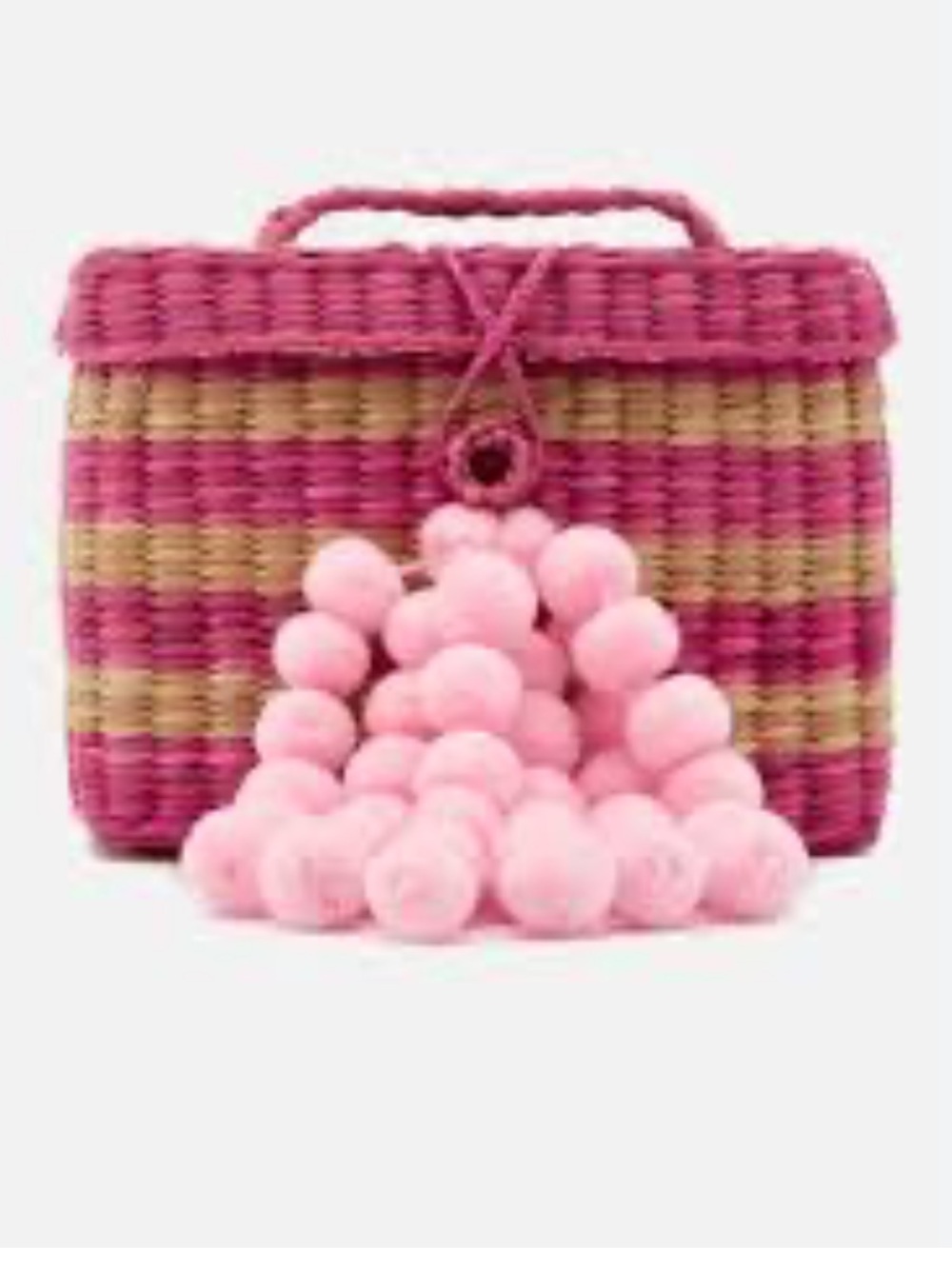 Nannacay Baby Roge Pompom Straw Bag in fuchsia stripe with light pink pom poms